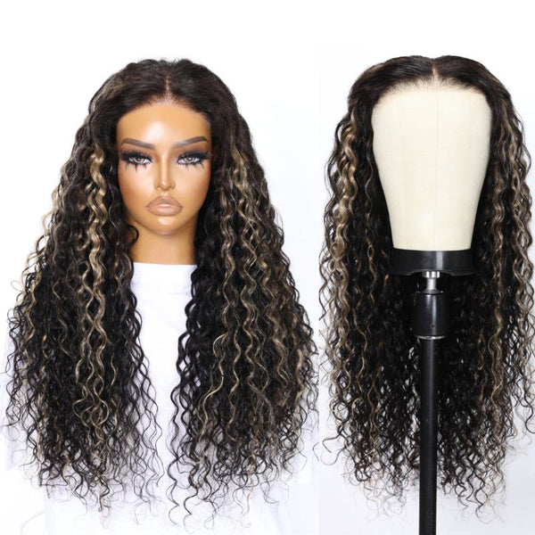 Klaiyi  Water Wave Balayage Blonde Highlights 6x4.75 Wear and Go wigs Pre-cut Lace Wig Precolored Ombre Hair
