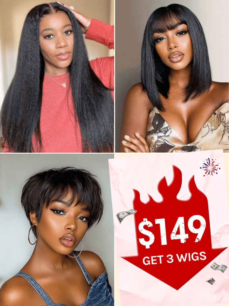 $149 Get 3 Wigs | Klaiyi V Part Kinky Straight Wig + Glueless Bob Wig With Bangs + 100% Glueless Short Pixie Wig Flash Sale