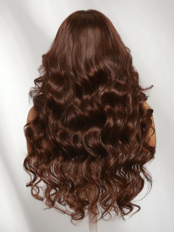 Klaiyi Chocolate Auburn Brown 7x5 No Slip Wig Body Wave With Wispy Bang Put on and Go Glueless Human Wig
