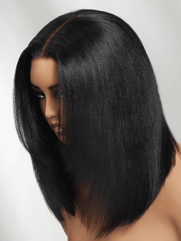 Klaiyi 7x5 No Slip Gluleless Lace Wig Yaki Straight Short Bob Human Hair Wig with Face-Framing Layers