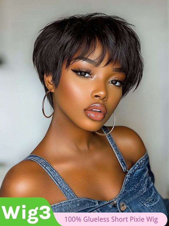$139 Get 3 Wigs | Klaiyi V Part Kinky Straight Wig + Glueless Bob Wig With Bangs + 100% Glueless Short Pixie Wig Flash Sale