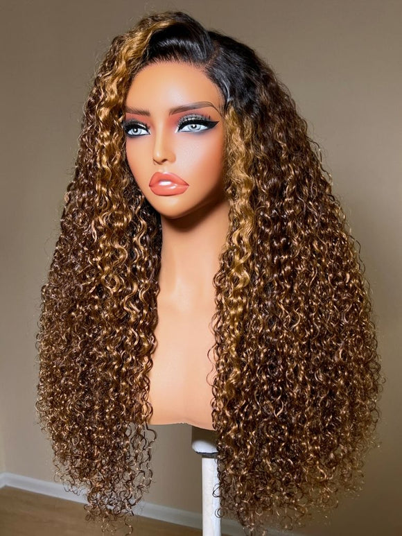 Klaiyi Sun-Kissed Brown Curly Wig with Honey Caramel Highlights 13x4 Glueless Lace Frontal Wig Put On & Go with Invisi Drawstring