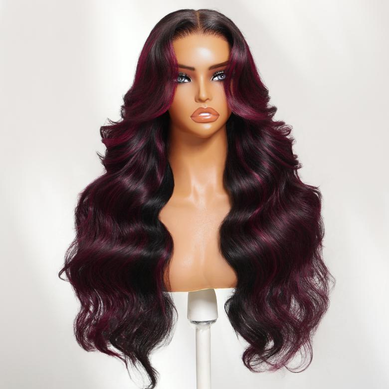 Klaiyi 1B/99J# Natural Black Mixed with 99J Burgundy 13x4 Pre Everything Lace Frontal Wig