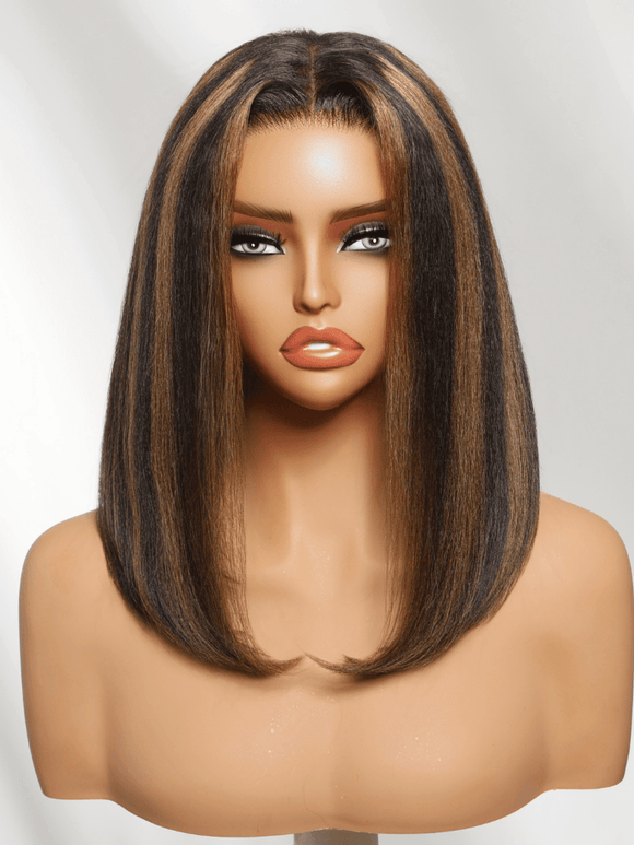 Klaiyi 7x5 No Slip Glueless Lace Wig Black with Caramel Highlights Side Part Yaki Straight Bob Wig with Invisi Drawstring