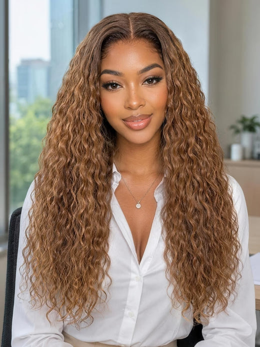 Klaiyi 7x5 No Slip Glueless Lace Wig Honey Golden Brown Water Wave Human Hair Wig