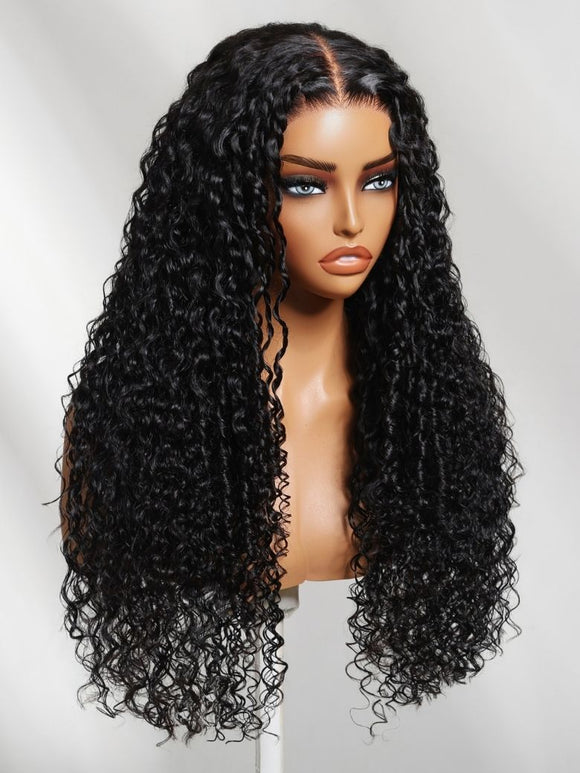 Klaiyi 7x5 Glueless Water Wave Wig with Burmese Curl Mix Pre-Styled Twist & Finger Coil Ends Put On And Go Gluless Lace Human Hair