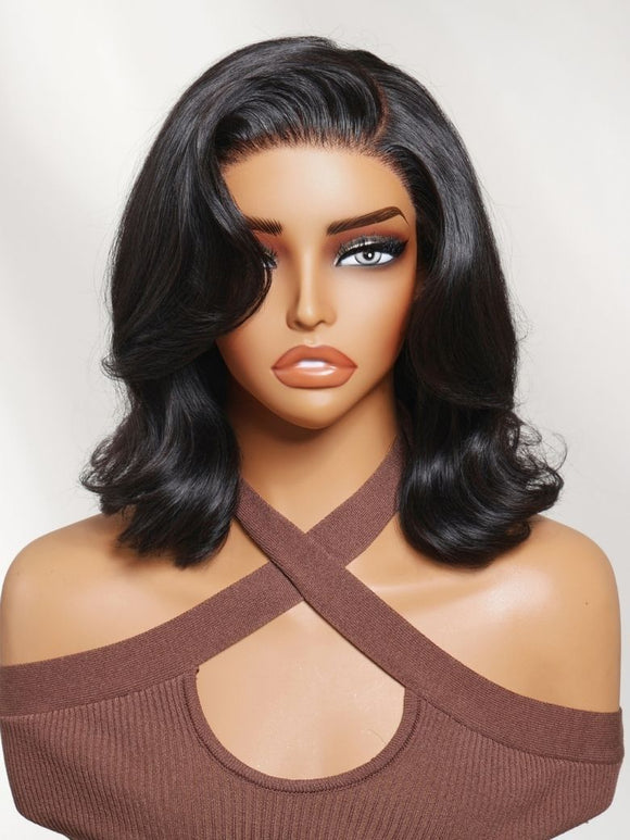 Klaiyi 7x5 No-Slip Glueless Lace Wig Short Glam Blowout Flip Bob 180% Density Put On & Go Human Hair Wig