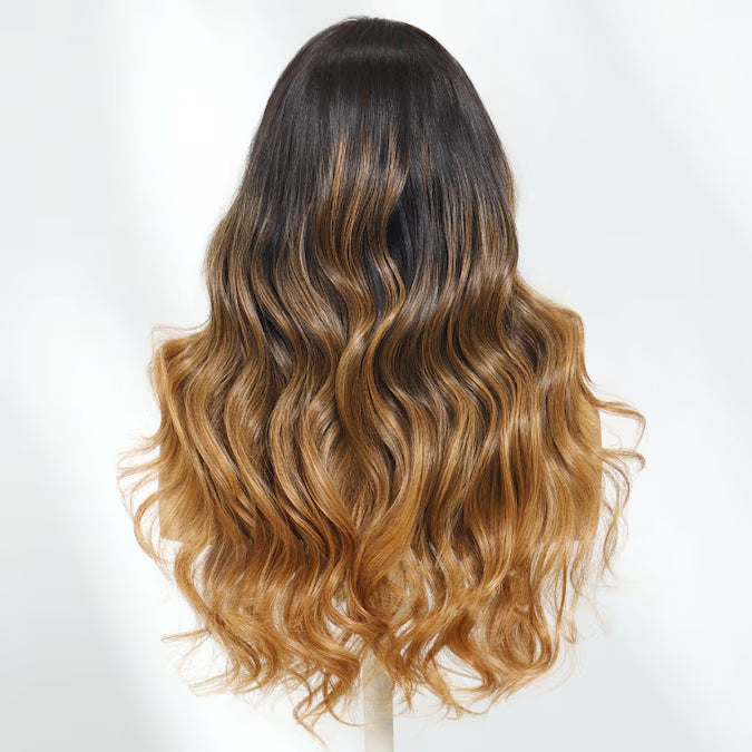 Klaiyi 13x4 Pre-Everything Black to Caramel Blonde Ombre Loose Wave Lace Frontal Human Hair Wig