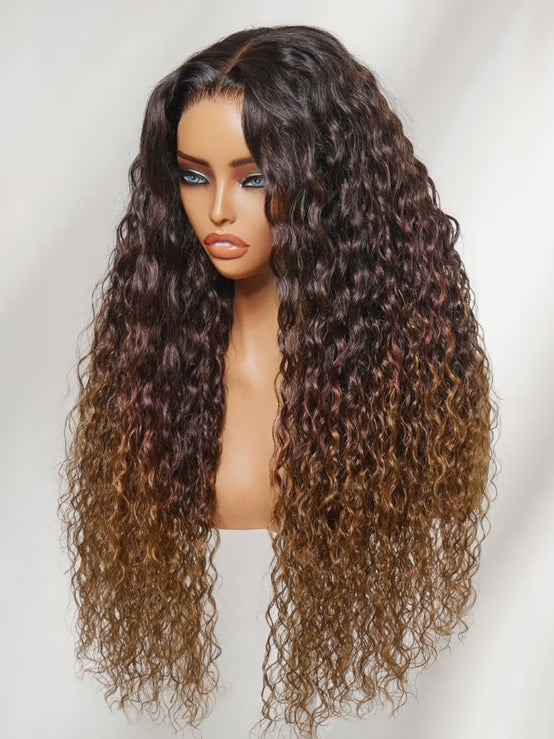 Klaiyi 7x5 No Slip Glueless Lace Wig Ombre Caramel Brown Water Wave Human Hair Wig with Drawstring