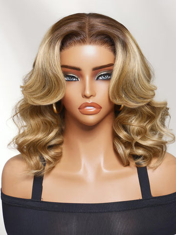 Klaiyi 7x5 Lace No Slip Wig Brown Rooted Honey Blonde Body Wave Bob Wig with Caramel Highlights Human Hair Wig Flash Sale