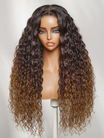 Klaiyi 7x5 No Slip Glueless Lace Wig Ombre Caramel Brown Water Wave Human Hair Wig with Drawstring