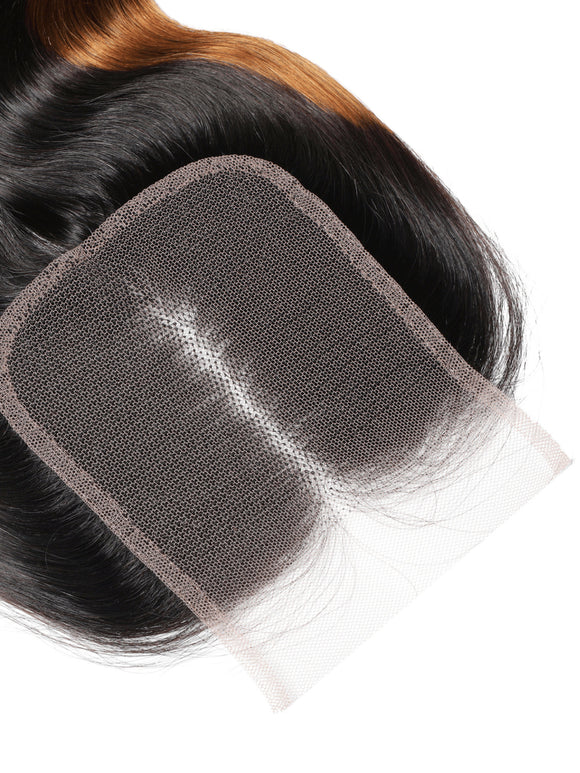 Klaiyi Balayage Hair Color 3 Bundles with Lace Closure Pre Plucked Free Part Highlights Ombre Hair Bundles Body Wave