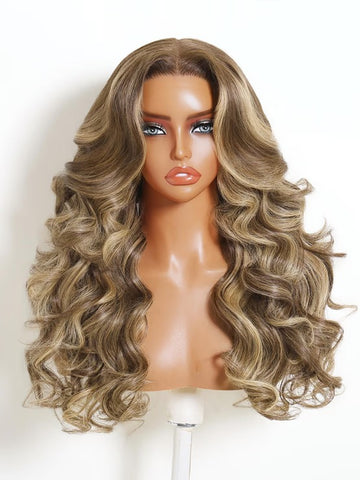 Klaiyi 13x4 Glueless Lace Front Wig Brunette Ombre With Blonde Highlights Body Wave Human Hair Wig