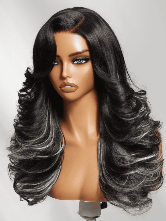 Klaiyi 7x5 Lace Feathered Layered Wig Natural Black with Ash Blonde Highlights 200% Density Side Bangs Human Hair Wig