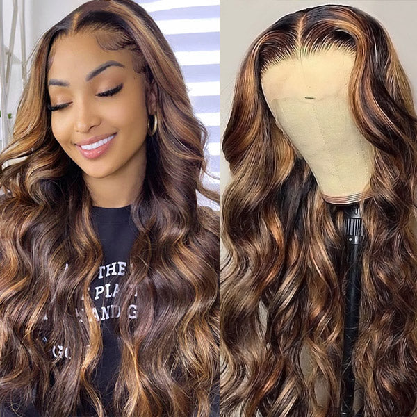 Extra 60% OFF | Klaiyi Dark Root Brown Balayage Highlight Body Wave Lace Front Wig Flash Sale