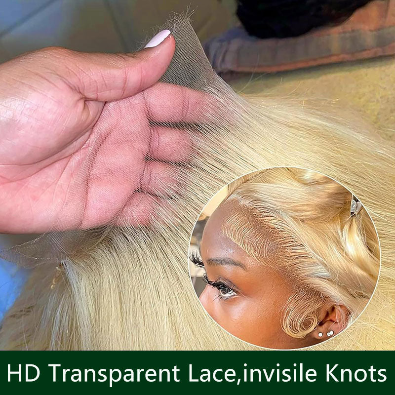 Klaiyi Hair Blonde 613 Straight Full Lace Wig 100% Human Hair Wig with Invisible Bleached Knots 180% Density 10A Grade Hair