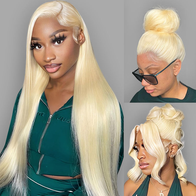 Klaiyi Hair Blonde 613 Straight Full Lace Wig 100% Human Hair Wig with Invisible Bleached Knots 180% Density 10A Grade Hair