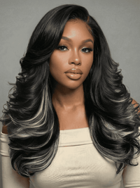 Klaiyi 7x5 Lace Feathered Layered Wig Natural Black with Ash Blonde Highlights 200% Density Side Bangs Human Hair Wig