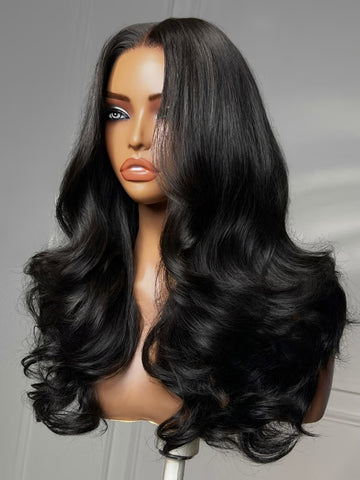 Klaiyi 7x5 No-Slip Glueless Lace Wig Blowout Body Wave Layered Human Hair Wig with Flipped Ends 180% Density