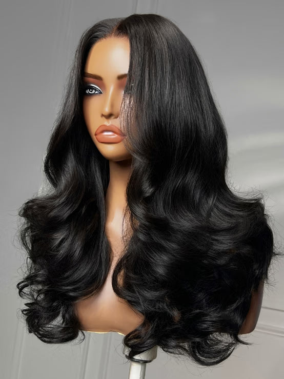 Klaiyi 7x5 No-Slip Glueless Lace Wig Blowout Body Wave Layered Human Hair Wig with Flipped Ends 180% Density