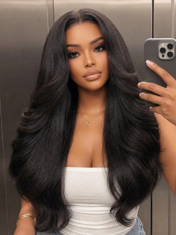 Klaiyi 7x5 Glueless Lace Natural Black 90s Layered Blow-out Kinky Straight Human Hair Wig