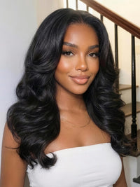 Klaiyi 7x5 No Slip Glueless Lace Bmbshell Blowout Loose Wave Layered Wig Face-framing Feathered Layers Human Hair 200% Density