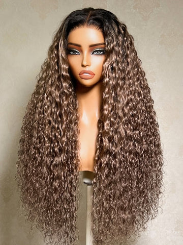 Klaiyi 7x5 No Slip Glueless Lace Wig Effortless Muted Ash Brown With Dark Roots Water Wave Human Hair Wig with Drawstring