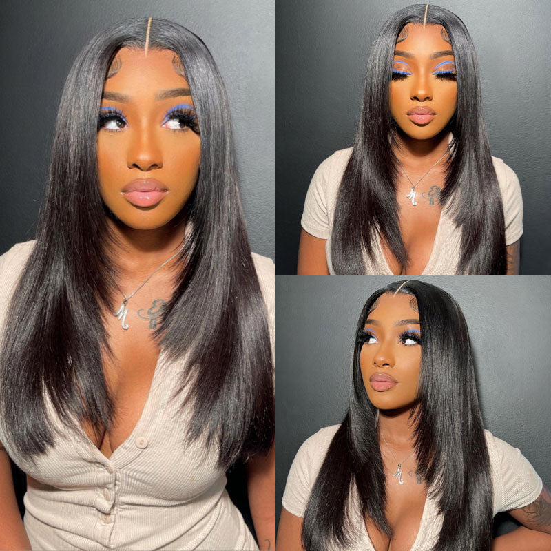 Klaiyi 13x6 HD Lace Front Human Hair Wigs 180% Density Straight Glueless Wigs Pre Plucked Natural Hairline