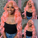 Klaiyi Rose Gold Pink Body Wave Human Hair Wigs Metallic Pink 13x4 Lace Front Wig Flash Sale