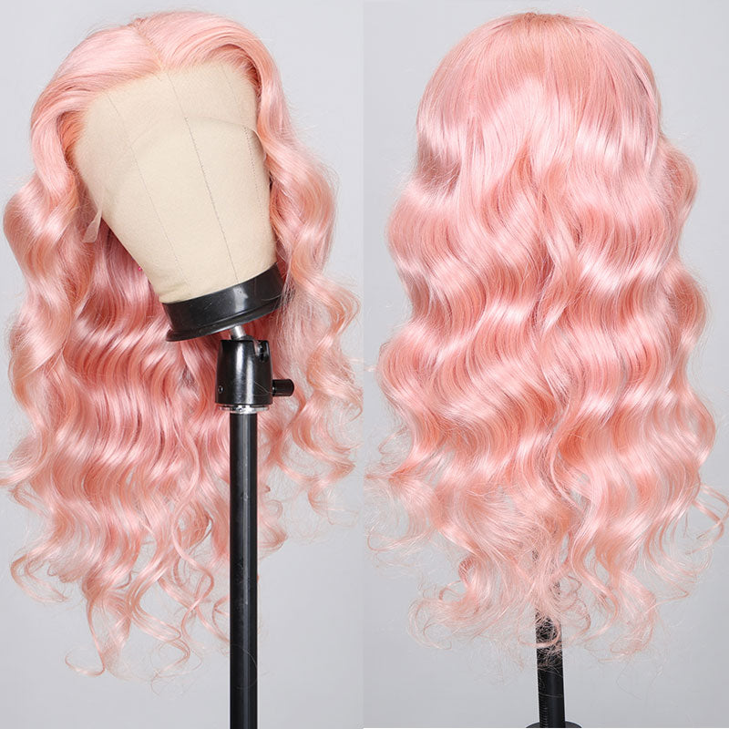 Klaiyi Rose Gold Pink Body Wave Human Hair Wigs Metallic Pink 13x4 Lace Front Wig Flash Sale