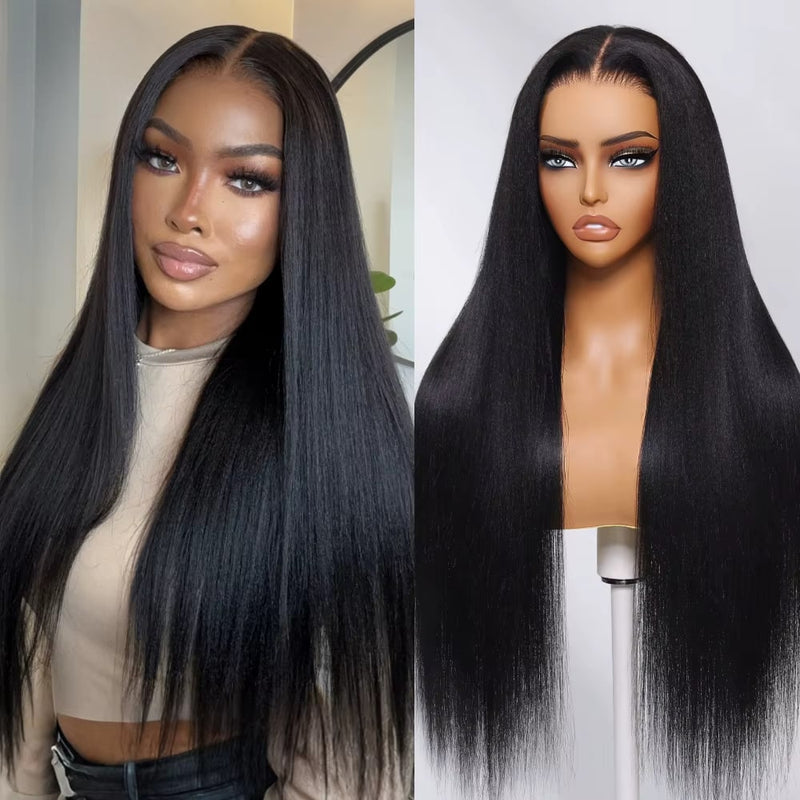 Klaiyi Yaki Straight Put On and Go Glueless Lace Wigs 7x5 Bye Bye Knots Pre-cut Human Hair Lace Wig Kinky Straight