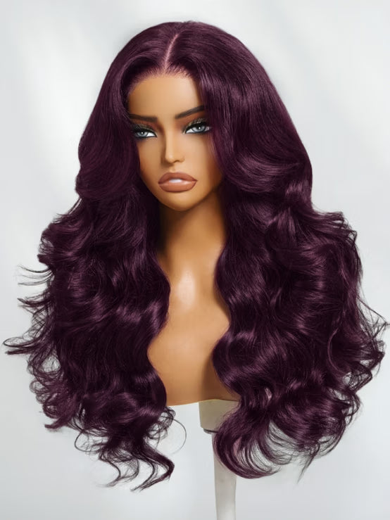 Perruque Klaiyi 13x4 Noir Cerise Bordeaux Foncé Ondulée, Pre Everything Lace Frontal avec cordon de serrage invisible 