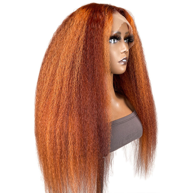 Buy 1 Get 1 Free,Code:BOGO | Klaiyi Ombre Ginger Brown Highlights Kinky Straight Lace Frontal Wig Flash Sale