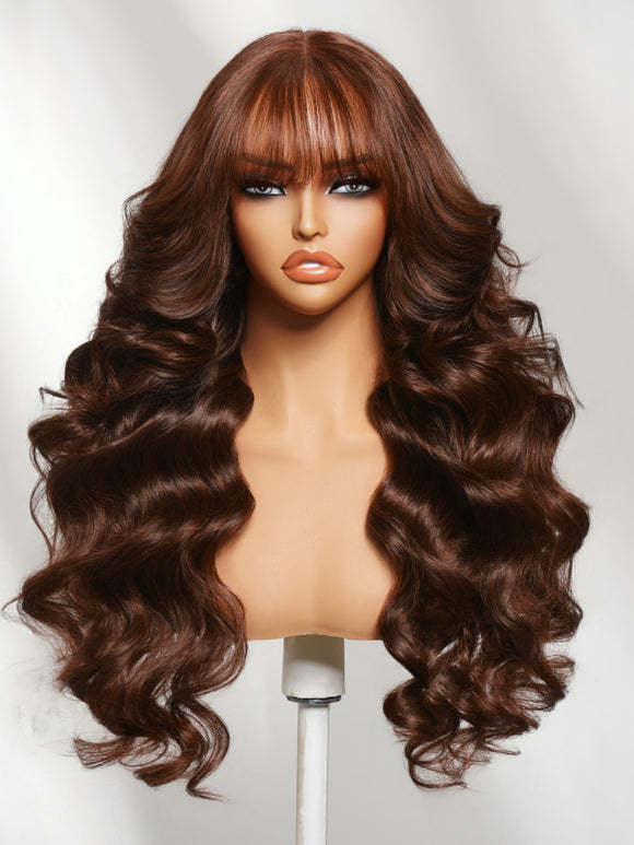 Klaiyi Chocolate Auburn Brown 7x5 No Slip Wig Body Wave With Wispy Bang Put on and Go Glueless Human Wig
