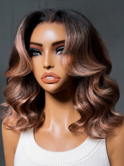 Klaiyi 13x4 Pre-Everything Lace Forntal Wig Sun-kissed Copper Brown Highlights Face-framing Layered Blowout Bob Wig