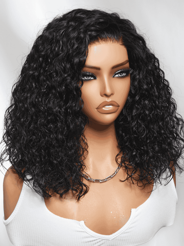 Klaiyi 7x5 No Slip Glueless Curly Bob Wig Natural Side Part Shoulder-Length Lace Wig Off-Duty Glam Look