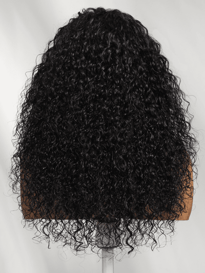 Klaiyi T-Part Shaggy Curly Wig with Bangs Natural Black Afro Curls with Drawstring Glueless Beginner-Friendly
