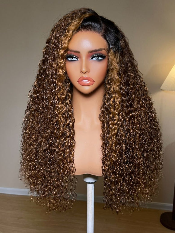 Klaiyi Sun-Kissed Brown Curly Wig with Honey Caramel Highlights 13x4 Glueless Lace Frontal Wig Put On & Go with Invisi Drawstring