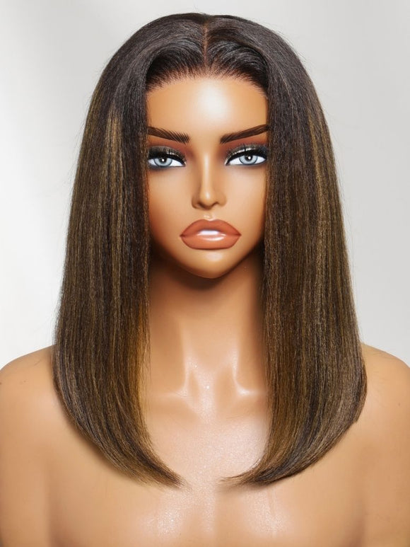 Klaiyi 7x5 No Slip Glueless Lace Wig Black with Caramel Highlights Side Part Yaki Straight Bob Wig with Invisi Drawstring