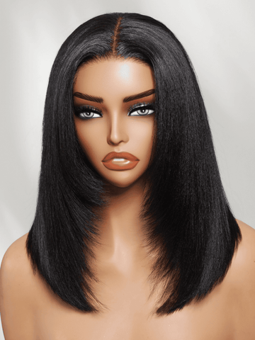 Klaiyi 7x5 No Slip Gluleless Lace Wig Yaki Straight Short Bob Human Hair Wig with Face-Framing Layers