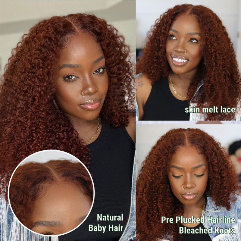 Klaiyi  Put On and Go 7x5 Bye Bye Knots Pre-cut Glueless Lace Wig Auburn Brown Color Kinky Curly Human Hair