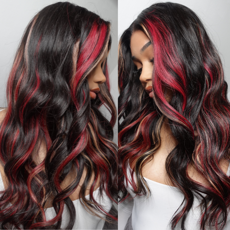 Buy 1 Get 1 Free,Code:BOGO |Klaiyi Blonde And Red Skunk Stripe Highlights 13x4 Lace Front/7x5 Bye Bye Knots Loose Wave Human Hair Wigs