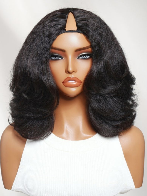 Perruque Klaiyi New EasiContour™ Yaki Straight V Part Wig Meets Real Leather, prête à porter, sans colle, avec cordon de serrage invisible. 