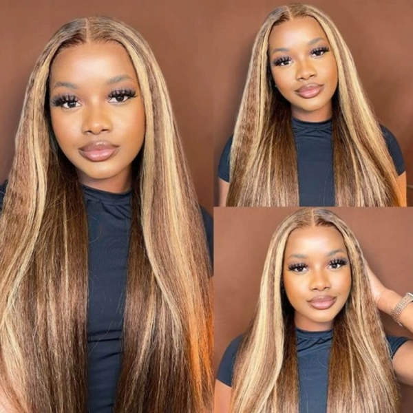 Klaiyi Pre-Cut Honey Blonde Highlight Kinky Straight Lace Frontal Wig with Baby Hair Pre Plucked 100% Virgin Human Hair Flash Sale
