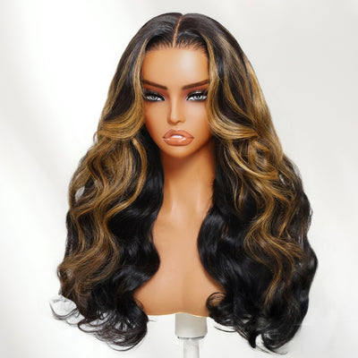 Klaiyi Black with Caramel Blonde Highlights Body Wave Wig 7x5 Bye-Bye Knots Put on and Go Glueless Wig