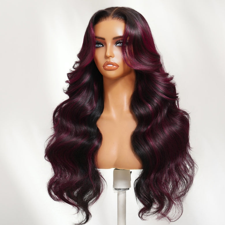 Klaiyi 1B/99J# Natural Black Mixed with 99J Burgundy 13x4 Pre Everything Lace Frontal Wig