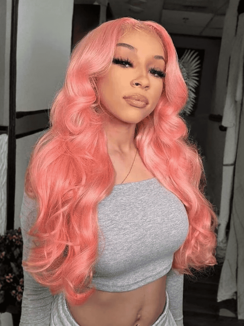Klaiyi 180% Density 13x4 Lace Front Wig Rose Gold Pink Blush Pink 100% Human Hair Loose Wave Pre Plucked Flash Sale