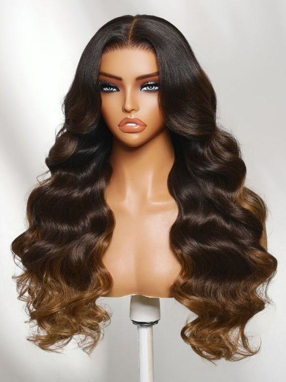 Perruque Klaiyi Ombre Brown Balayage Highlight Body Wave 7x5 Bye Bye Knots, précolorée, sans colle, en cheveux humains et dentelle. 