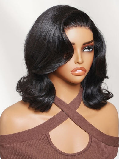 Klaiyi 7x5 No-Slip Glueless Lace Wig Short Glam Blowout Flip Bob 180% Density Put On & Go Human Hair Wig
