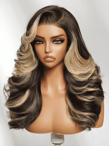 Klaiyi 7x5 No Slip Glueless Feathered Hair Wig 200% Density Black-to-Caramel Blonde Melt Side-Part Loose Curls